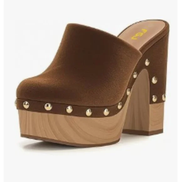 FSJ Brown Suede Round Toe Mules High Chunky Heeled Sandals Slip On Platform Shoe - Picture 1 of 8